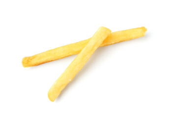 Two delicious French fries isolated on white, top view