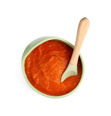 Baby food. Tasty puree in bowl and spoon isolated on white, top view