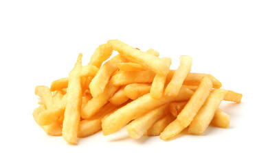 Many delicious French fries isolated on white