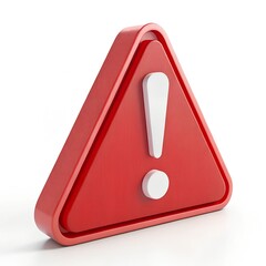 High-quality 3D illustration of a red triangular warning sign with a white exclamation mark, symbolizing caution, alert, or danger. Isolated on white background.