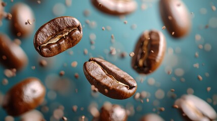 Coffee Beans Floating in Air with Motion Blur Against a Soft Background of Vibrant Blue and Gold Colors