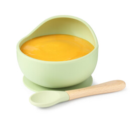 Baby food. Tasty puree in bowl and spoon isolated on white