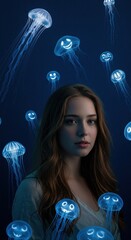 Serene Girl Surrounded by Glowing Jellyfish