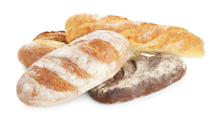 Different loaves of freshly baked bread isolated on white