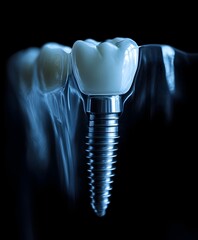 Precision of Dental Implants: Captivating a meticulously crafted dental implant against a dark backdrop, showcasing the integration of the artificial tooth into the jawbone.
