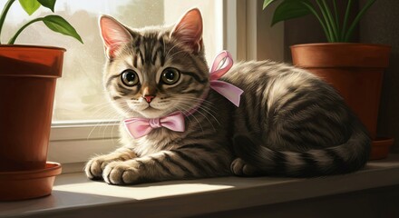 Adorable Kitten in Sunlit Window: A Charming, Realistic Painting