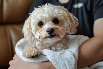 Maltipoo wrapped in a towel after washing, sitting on its owner's lap.
