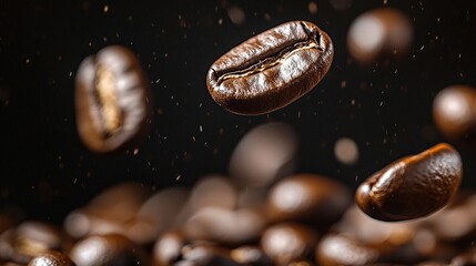 Flying Coffee Beans against Dark Background, Capturing Freshness and Aroma of Coffee Delight