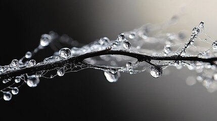 Close-up of delicate water droplets on a twig with spider silk strands