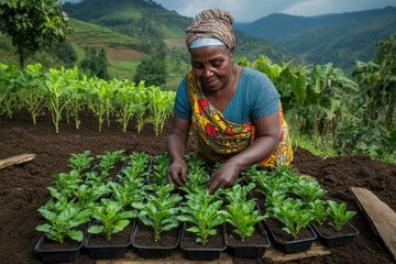 A farmer planting seedlings in neat rows, preparing for a bountiful harvest season