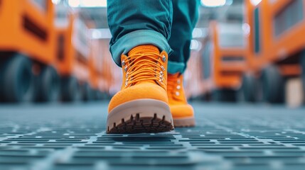 Bright Orange Footwear on Rugged Surface Walking in Warehouse Setting