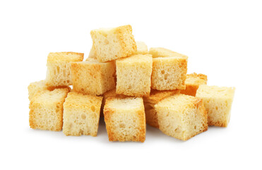 Many delicious crispy croutons isolated on white