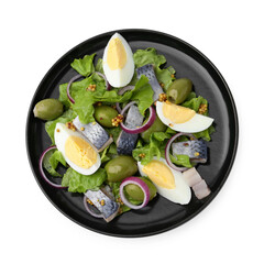 Delicious salad with herring, egg, mustard and vegetables on white background, top view
