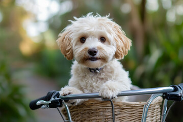 Maltipoo riding in a bicycle basket, ears flapping in the wind