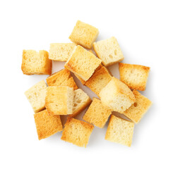 Many delicious crispy croutons isolated on white, top view