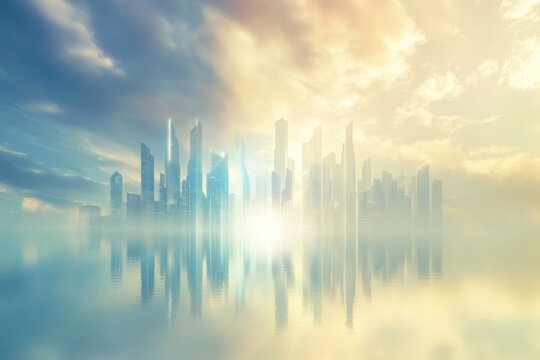 City skyline reflects on calm water under a cloudy sky at dawn