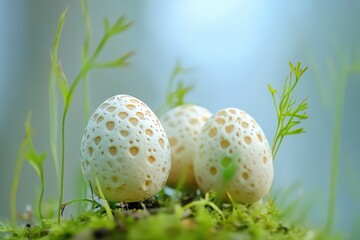 Delicate eggs nestled in lush green moss