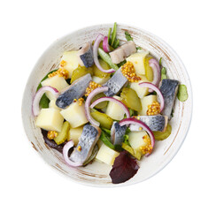 Delicious salad with herring, vegetables and mustard in bowl isolated on white, top view
