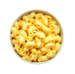 Delicious pasta with cheese sauce in bowl isolated on white, top view