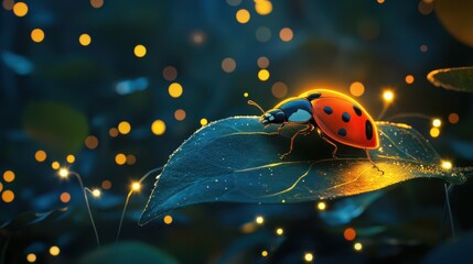 A glowing ladybug resting on an enchanted leaf, surrounded by tiny twinkling fairy lights in a magical forest