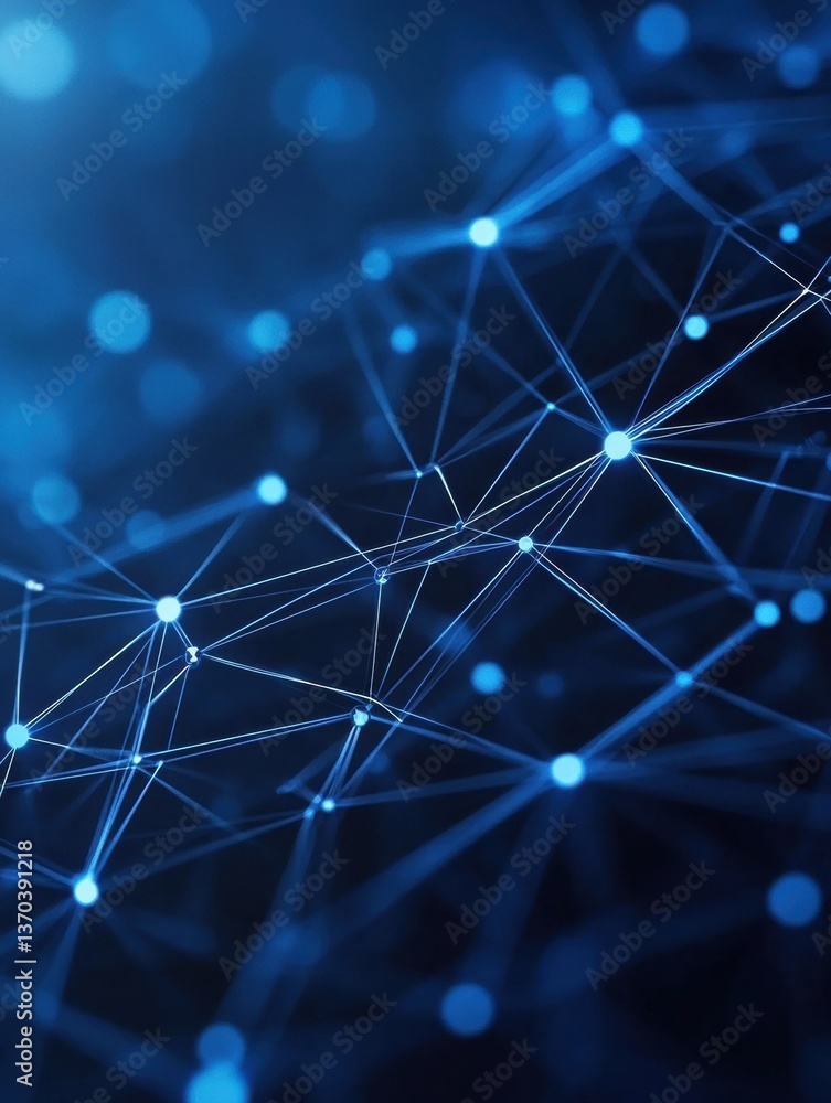 Aufkleber Futuristic digital network visualizing financial transactions with glowing nodes and dark blue gradient in high-tech fintech design