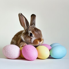 Cute rabbit with pastel colored eggs in spring