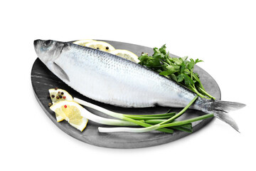 Salted herring and spices on white background