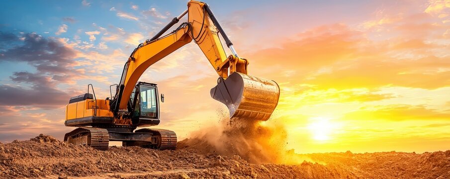 A powerful excavator at work, digging into the earth with a stunning sunset backdrop, showcasing construction and machinery in action.