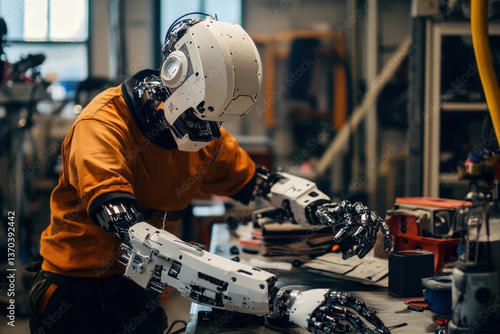 Poster robotic arm working diligently at a fabrication table in a modern workshop