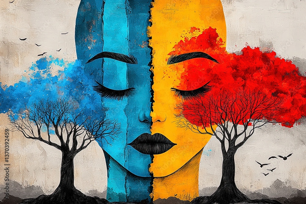 Aufkleber stylized illustration of global unity featuring a split face with colorful trees to represent divers