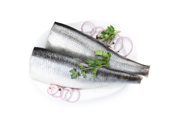 Tasty herring fillets with spices isolated on white, top view