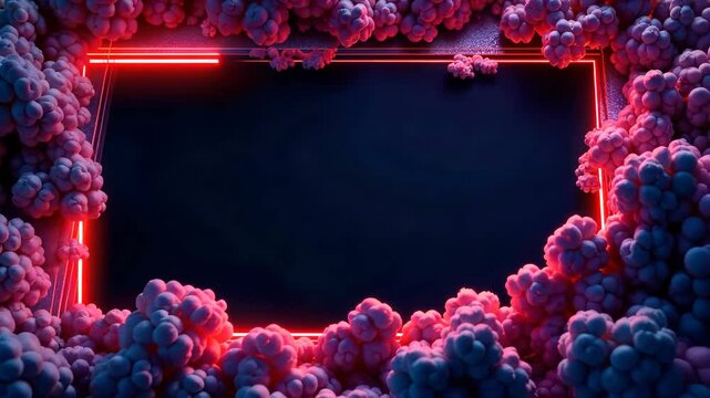 Neon Red Rectangular Frame on Dark Background with Pink and Purple Abstract Shapes