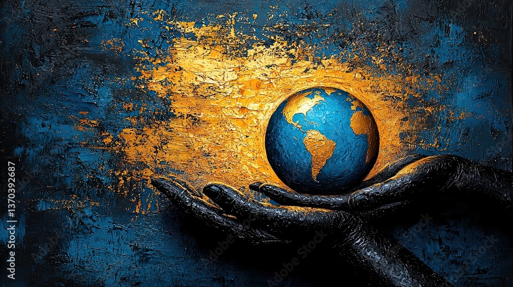 Poster captivating art of hands supporting a fragile earth illustrating power and fragility in vibrant colo