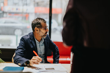 A professional individual in a formal setting discussing ideas, analyzing documents, and...