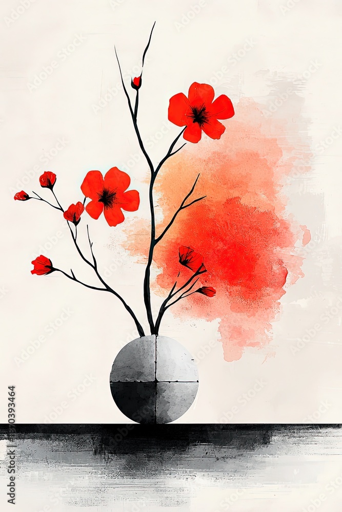 Poster minimalist illustration of cracked vase with red flowers on simple background in artistic style with