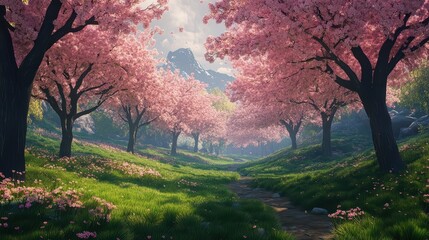A Japanese cherry blossom orchard where green buds and pink flowers mix beautifully, welcoming the new season