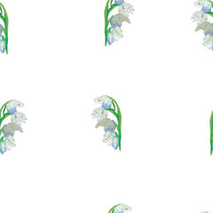 Lily of the valley flowers wax crayons seamless pattern on white isolated background. Textural and botanical repeating pattern. Spring Asian Flowers design for textiles, wrapping paper and wallpaper.