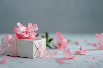 Gift wrapped in white with pink flowers for a special occasion on a light background