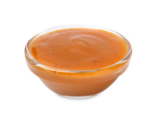 Tasty curry sauce in glass bowl isolated on white