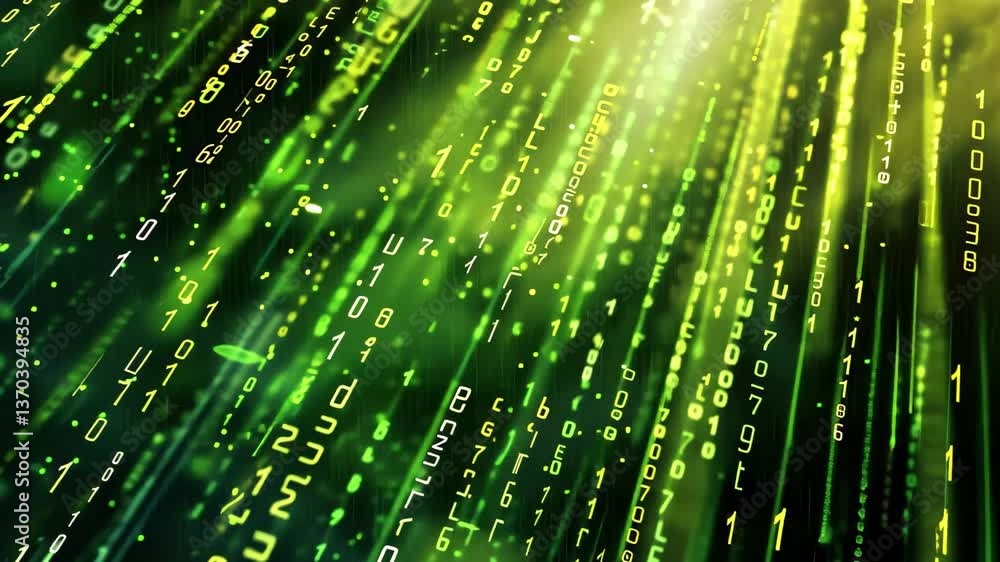 Poster shimmering green binary code cascades down against a dark backdrop, creating a mesmerizing digital e
