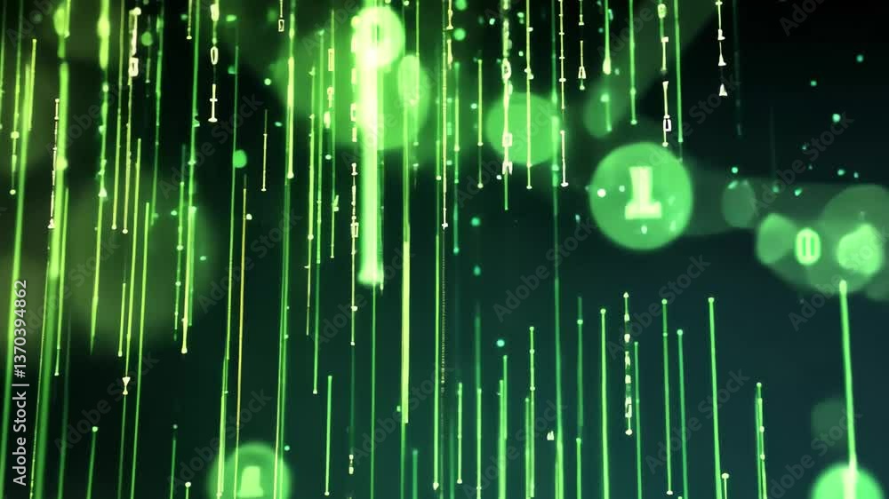 Poster green symbols and numbers cascade down in a dark setting, creating an immersive effect that evokes f