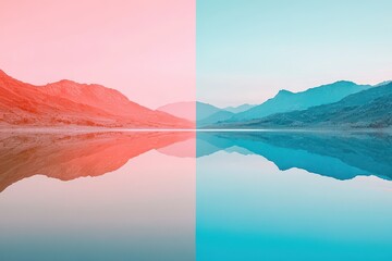 Lake reflecting both the pink-orange sunset and the pale blue of the rising evening, symbolizing balance and harmony