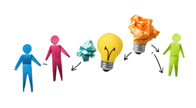 Illuminating Ideas: A visual journey from initial connection to the spark of innovation, represented by paper figures, crumpled paper, and a lightbulb.