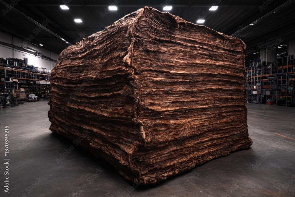 Poster large brown textured cube in warehouse. layers visible, creating a unique and abstract visual