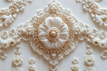 Elegant White Gold Pearl Flower 3D Relief Texture Art Decorative Design Background Image rich craft floral luxury beaded ornate modern
