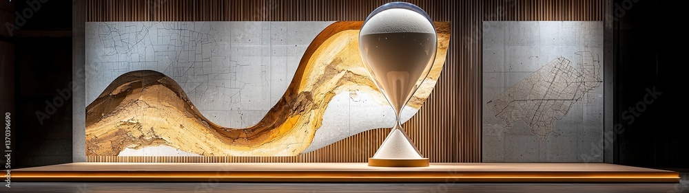 Poster towering hourglass sculpture in modern display emphasizing the flow of time with artistic elements a