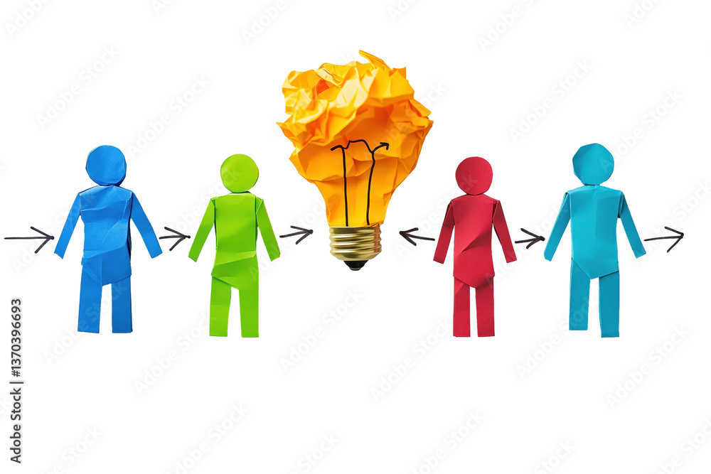 Poster unveiling brilliant idea: a striking visual featuring colorful paper figures connected to a glowing 