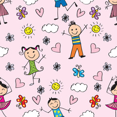 Seamless pattern with happy children and hearts. Hand drawn vector illustration.
