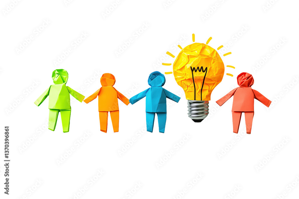 Poster creative collective: origami figures holding hands symbolize unity and the spark of innovation as a 