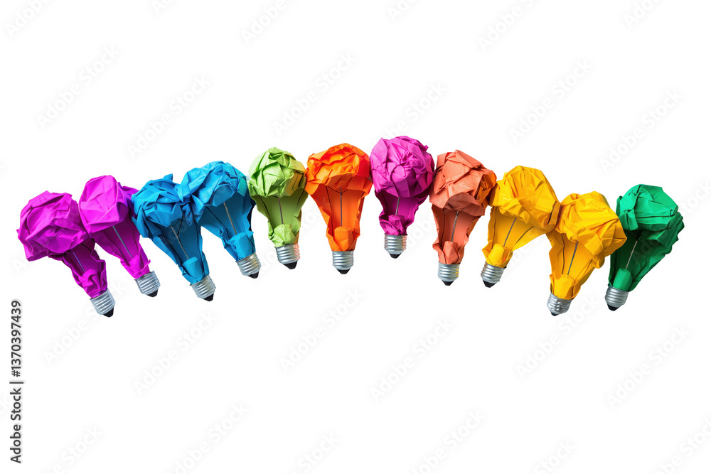 Poster illuminating creativity: a colorful array of paper-crafted lightbulbs symbolize vibrant ideas and in